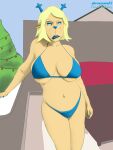 absurd_res annoyed anthro antlers big_breasts bikini blonde_hair blue_bikini blue_clothing blue_eyeshadow blue_lipstick blue_nose blue_swimwear breasts carol_holiday christmas christmas_decorations christmas_lights christmas_tree clothing colored_nails deer deltarune dewsand07 eyeshadow female fur hair halterneck hi_res holidays horn light_body light_fur lips lipstick looking_aside makeup mammal mature_anthro mature_female morning nails navel new_world_deer outside plant reindeer solo standing swimwear tree two-piece_swimsuit undertale_(series) wide_hips