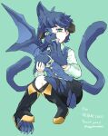 2_tails anthro black_body black_bottomwear black_clothing black_ears black_fur black_hair black_horn black_pants black_tail black_tie_(suit) blue_clothing blue_shirt blue_topwear bottomwear breasts clothing curled_horn demon demon_cat_(ids) domestic_cat felid feline felis female fur gender_transformation green_eyes hair hand_on_breast hi_res horn human ids_(user) male mammal membrane_(anatomy) membranous_wings morning mtf_transformation multi_tail negitorodon pants shirt solo species_transformation suit tail topwear torn_shoes transformation white_clothing wings