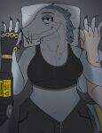 absurd_res anthro breasts claws cleavage clothed clothing digital_media_(artwork) duo english_text female first_person_view hair hi_res human human_pov male mammal mike_jeb offscreen_male pov_hands prosthetic prosthetic_arm prosthetic_limb reptile scalie scar text