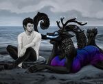 american_mythology anthro antlers ashcroft_"ash"_julian_clifford barefoot beach big_breasts bioluminescence black_body black_fur boots bottomwear breasts claws clothed clothing cryptid detailed_background digital_media_(artwork) dress duo eye_contact fangs feet female female_anthro female_on_human fluffy fluffy_tail footwear fur glowing glowing_eyes glowing_teeth hand_under_chin hi_res horn huge_breasts human human_on_anthro indigenous_north_american_mythology interspecies larger_anthro larger_female lipless looking_at_another lying male male/female male_on_anthro mammal mythology north_american_mythology omnid on_front outside pants paws pointy_ears rock sand sharp_teeth shirt shoes sitting size_difference smaller_human smaller_male smile smiling_at_another snout sparkling_character starshade stubble stupid_sexy_cryptids tail teeth topwear vitaly_s_alexius water wave wendigo