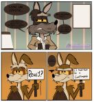 after_sex after_transformation alternate_species anthro bedding blanket brown_body brown_fur canid canine canis clothing comic countershade_fur countershading coyote coyote_vs._acme dialogue dressing_up duo english_text fur head_tuft hi_res jacket kevin_avery logo looney_tunes male mammal mixelfangirl100 sign solo stubble suit teeth text toony topwear transformation tuft warner_brothers wile_e._coyote yellow_sclera
