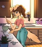 absurd_res anthro book bottomwear bowl canid canine canis clothing container domestic_dog egg female forest-fur hi_res kitchen mammal pants plant plant_pot potted_plant shirt solo spatula tools topwear wooden_spoon