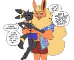2025 5_fingers anthro black_body black_fur black_hair black_nose black_text blitz_(odeko-yma) bottomwear cheek_tuft clothed clothing collared_shirt cute_fangs dialogue dress_shirt duo eeveelution english_text eyebrows facial_tuft fangs fingers flareon flower_necklace fluffy fluffy_tail fur generation_1_pokemon generation_2_pokemon grey_eyes hair hi_res holding_another looking_at_another lucky_(odeko-yma) male markings narrowed_eyes neck_tuft nintendo odeko-yma open_mouth open_smile orange_body orange_fur pattern_clothing pattern_shirt pattern_topwear pokemon pokemon_(species) pokemorph purple_bottomwear purple_clothing purple_shorts red_eyes ring_(marking) shirt shorts simple_background smile speech_bubble standing tail teeth text thick_eyebrows topless topless_anthro topless_male topwear tuft umbreon white_background yellow_body yellow_fur yellow_markings yellow_sclera