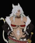  1girl abs animal_ears areola_slip areolae bare_shoulders belt black_background black_gloves breasts choker cleavage covered_nipples eyepatch fur_trim ghislaine_dedoldia gloves hands_on_hips hibaneim highres jacket large_breasts long_hair looking_at_viewer muscular muscular_female mushoku_tensei navel off_shoulder platinum_blonde_hair red_eyes scar scar_on_face sheath sheathed simple_background solo sword tail thong weapon 