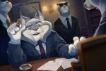 accessory anthro arctic_shrew ashtray bear blue_eyes canada_lynx cigar desk disney eulipotyphlan extreme_size_difference eyewear felid feline fur furniture grey_body grey_fur group handpaw hi_res lynx mafia male mammal milton_lynxley mr._big_(zootopia) necktie pantherine paperwork paws pointy_ears polar_bear rinerr_r shrew size_difference smoking smoking_cigar snow_leopard suit_jacket sunglasses table ursine white_body white_fur zootopia
