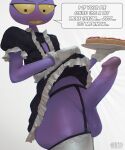 anthro aroused balls big_balls big_penis bottomwear clothed clothing cream_pie_(food) crossdressing english_text erection eyelashes food genitals glans glitch_productions half-closed_eyes heart_symbol hi_res jax_(tadc) lagomorph legwear leporid long_eyelashes looking_at_viewer maid_uniform male mammal narrowed_eyes nervous pastry penis pie pie_(food) rabbit raised_bottomwear raised_clothing raised_skirt skirt solo solomonbnuy speech_bubble stockings talking_to_viewer text the_amazing_digital_circus tray uniform yellow_sclera