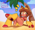 absurd_res anthro areola areola_slip ari_dibujitos beach bikini blush boots breasts brown_hair clothing domestic_cat eyeliner felid feline felis female footwear gameoverse glitch_productions hair hi_res kit_bodega looking_at_viewer makeup mammal medium_breasts open_mouth palm_tree plant raised_leg red_eyes sand sand_on_butt shoes solo swimwear tail tree two-piece_swimsuit under_boob watermark yellow_clothing
