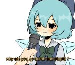  04119_snail 1girl :3 blue_bow blue_eyes blue_hair blue_vest blush bow bowtie cirno closed_mouth green_neckwear hair_bow highres holding holding_microphone ice ice_wings interview microphone simple_background solo_focus subtitled touhou vest white_background wings 