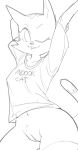 2026 anthro big_ears big_eyes big_iris biped bite biting_lip biting_own_lip black_and_white black_text bottomless bottomless_anthro bottomless_female breasts cheek_tuft clothed clothing curved_eyebrows curved_tail dbaru digital_drawing_(artwork) digital_media_(artwork) dipstick_tail domestic_cat eyebrows eyelashes facial_markings facial_tuft felid feline felis female fran_(litterbox_comics) fur fur_tuft genitals hand_behind_head head_markings hi_res iris litterbox_comics long_eyelashes looking_at_viewer mammal markings mature_anthro mature_female medium_breasts monochrome monotone_background navel no_pupils one_eye_closed pointy_ears portrait pose prick_ears raised_arm self_bite shirt shirt_only simple_background sketch smile smiling_at_viewer solo standing stretching striped_body striped_face striped_fur striped_head striped_legs stripes t-shirt t-shirt_only tabby_cat tail tail_markings text text_on_clothing text_on_shirt text_on_t-shirt text_on_topwear thick_thighs thin_eyebrows three-quarter_portrait three-quarter_view topwear topwear_only tuft vulva white_background wink winking_at_viewer