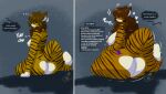 2026 annoyed anthro before_and_after big_butt blush breast_expansion breasts brown_hair butt butt_expansion curvy_figure dialogue digital_media_(artwork) english_text expansion eyewear felid female gameplay_mechanics glasses grey_background hair heart_symbol hi_res looking_back mae_(maynara) mammal maynara nipples nude offscreen_character pantherine paw_mark simple_background sitting smile solo striped_body stripes tail text tiger voluptuous