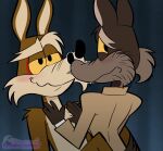 after_transformation alternate_species anthro anthrofied artist_logo artist_name blush brown_body brown_fur canid canine canis clothing countershade_fur countershading coyote coyote_vs._acme duo fur hand_on_chest hi_res implied_transformation jacket kevin_avery logo looking_at_another looking_at_viewer looney_tunes male male_on_top mammal mixelfangirl100 on_top signature stubble suit tail teeth text toony topwear warner_brothers wile_e._coyote yellow_sclera