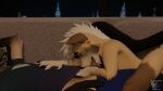 3d_(artwork) anthro bottomless butter_knives_(the_knife_collective) clothed clothing coffeecollie digital_media_(artwork) duo eyes_closed fox_spirit furniture hi_res kyuulin legwear looking_pleasured male male/male nose_on_crotch oral oral_penetration paw_on_belly paw_under_shirt penetration sex sofa sofa_sex stockings the_knife_collective