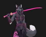 2026 anthro arm_tuft armor black_background black_body black_fur bottomwear bracers canid canine claws clothing crop_top digital_media_(artwork) dipstick_tail elbow_tuft finger_claws fox fur furgonomic_headwear furgonomic_hood furgonomics hi_res holding_melee_weapon holding_object holding_sword holding_weapon hood inner_ear_fluff katana looking_at_viewer male mammal markings melee_weapon pink_sword pointy_ears portrait prick_ears shirt simple_background solo stira sword tail tail_markings three-quarter_portrait topwear tuft weapon