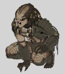 absurd_res alien armor clothing dreadlocks fangs fishnet_clothing fishnet_legwear fishnet_topwear hi_res humanoid leafjuly legwear male mandibles markings predator_(franchise) pseudo_hair solo spots spotted_body teeth topwear yautja yellow_eyes