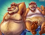 2022 5_fingers 5_toes alcohol anthro arm_hair armpit_hair beard beer belly belly_hair belly_peeking_out beverage body_hair bottomwear canid canine canis chest_hair claws clothing countershading facial_hair feet fingers fur grin hair hands_behind_head humanoid_feet humanoid_hands jusosleep leg_hair looking_at_viewer male mammal mature_male moobs mustache navel nipples orange_body orange_fur overweight overweight_male pawpads plantigrade shirt shorts sitting smile soles solo tank_top toes topwear wolf