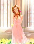  1girl absurdres aerith_gainsborough arms_behind_back blurry blurry_background bolo_tie bow brown_hair dress final_fantasy final_fantasy_vii final_fantasy_vii_remake flower green_eyes head_tilt highres laio long_dress pink_bow pink_dress sleeveless sleeveless_dress smile solo standing 