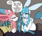 2025 anthro black_text blue_body blue_eyes blue_fur blue_nose bow_(anatomy) closed_smile clothed clothed_anthro clothed_female clothed_male clothing desk dialogue dipstick_ears duo ear_markings eeveelution english_text eyelashes female finger_under_chin fur furniture generation_4_pokemon generation_6_pokemon glaceon glaisha_(odeko-yma) hi_res inside kerchief leaning leaning_forward looking_at_another male markings mouth_closed multicolored_body multicolored_ears multicolored_fur narrowed_eyes neckerchief neckwear nintendo odeko-yma open_mouth open_smile pattern_kerchief pattern_neckerchief pink_body pink_fur pink_inner_ear pix_(odeko-yma) pokemon pokemon_(species) pokemon_mystery_dungeon pokemorph red_nose ribbons_(anatomy) smile speech_bubble spike_chunsoft striped_kerchief striped_neckerchief sylveon table tail text topwear uniform white_body white_clothing white_fur white_topwear