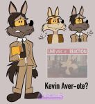 accessory after_transformation alternate_species anthro anthrofied artist_logo artist_name barefoot bottomwear brown_body brown_fur canid canine canis clothing countershade_fur countershading coyote coyote_vs._acme feet file fur hi_res implied_transformation jacket kevin_avery live_tucker_reaction logo looney_tunes male mammal meme mixelfangirl100 necktie pants signature solo stubble suit tail teeth text toony topwear warner_brothers wile_e._coyote yellow_sclera