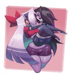 2025 absolute_territory accessory angel angel_humanoid anthro arm_around_shoulders armwear avian avian_demon beak big_breasts black_beak black_hair blush bottomwear bow_ribbon breasts carrying_another clothing demon duo elbow_gloves eyeshadow fan_character female female/female footwear geometric_background glistening glistening_body glistening_skin glistening_thighs gloves goetia grey_body grey_hair_tips grey_skin hair hair_accessory hair_bow hair_over_eye hair_ribbon handwear hazbin_hotel hellaverse hi_res highlights_(coloring) hotpants humanoid legwear long_hair makeup midriff miniskirt nipple_outline orange_sclera purple_highlights purple_sclera ribbons shoes shorts simple_background skirt stockings stormrayneart thick_thighs thigh_highs vaggi_(hazbin_hotel) white_eyes white_hair wide_hips