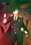  1boy alternate_costume alternate_hair_color bangs belt black_cape black_gloves black_hair black_jacket black_pants brown_eyes cape collared_shirt commentary_request cosplay_request danganronpa_(series) danganronpa_v3:_killing_harmony ewa_(seraphhuiyu) feathers glasses gloves gradient gradient_background green_hair hair_over_one_eye hat highres holding jacket large_hat long_sleeves looking_at_viewer male_focus necktie outdoors pants red_belt red_headwear saihara_shuuichi shirt short_hair smile solo striped striped_neckwear tree two-sided_fabric two-sided_headwear white_shirt witch_hat 