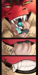 absurd_res anthro blue_body blue_fur bodily_fluids brown_eyebrows brown_eyes brown_hair canid canine canis chest_tattoo claws comic curved_horn dragon duo ear_piercing ear_ring european_mythology extreme_size_difference eyebrows fangs fur furred_dragon furred_scalie hair helensan hi_res horn male male/male mammal mouth_play mouth_shot multicolored_body mythological_creature mythological_scalie mythology open_mouth oral_vore piercing red_body red_ears red_face red_fur ring_piercing saliva saliva_on_tongue saliva_string scalie size_difference smile syndor tan_body tattoo teeth tongue tongue_out vore western_dragon white_body white_fur wolf xab
