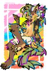 2:3 absurd_res anthro banana bottomwear bovid_horn caprine_horn cargo_shorts clothing crossed_legs dranoko elemental_creature feet flora_fauna food fruit fur furred_kobold furred_scalie gesture grass_hair grin hand_gesture hi_res horn hybrid kalei_(hydro19) kobold leaf leaf_tail looking_at_viewer male pawpads plant plantigrade_pawpads ram_horn scalie shaka_sign shell_necklace shirt shorts smile solo tail topwear unbuttoned_shirt