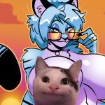 1:1 anthro arm_tuft big_breasts black_choker black_claws black_ears black_jewelry black_necklace black_nose black_stripes blue_body blue_eyes blue_eyeshadow blue_fur blue_hair breasts censored chest_tuft choker claws cloud desert domestic_cat ear_tuft eyelashes eyeshadow eyewear felid feline felis female funny_censorship fur golden_ring hair hi_res huge_breasts jewelry judy_(teufelstiger) long_eyelashes looking_at_viewer makeup mammal married married_woman mature_female mister_feelgood necklace nude pantherine pupils ring shoulder_tuft sitting sitting_on_ground sky skyscape slit_pupils smile smiling_at_viewer solo stripes sun sunglasses sunglasses_down tail tiger tuft whiskers white_body white_fur