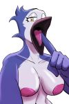anthro areola avian beak bird blue-body blue_jay bodily_fluids breasts catapult_(artist) corvid drooling fellatio_gesture female gaping_mouth gesture hi_res jay_(bird) looking_at_viewer mouth_shot new_world_jay nipples nude nude_anthro nude_female open_beak open_mouth oscine passerine pink_areola pink_nipples pink_tongue pointing_at_mouth saliva selfie solo suggestive suggestive_gesture tapering_tongue tongue white_body yellow_eyes