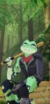 absurd_res amphibian anthro armband baseball_bat bat_(object) black_eyelids blush blush_stickers bottomwear brick brick_wall chappie_(squeakygears) clothing countershade_jaw cybernetic_arm cybernetic_limb forest_background frog glistening_eyelids goah_sparky green_body gun half-closed_eyes handgun hi_res kerchief lidded_eyes logo markings mixed_media mottled mottled_body narrowed_eyes neckerchief neckwear outside photo_background photography_(artwork) plant prosthetic prosthetic_arm prosthetic_limb ranged_weapon robotic_arm shorts sitting spiked_armband spikes spots spotted_body topwear tree tree_trunk vest wall_(structure) watermark weapon