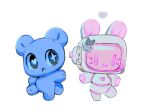 2024 3_fingers 3_toes anthro bear bear_ears blue_body blue_eyes blue_pupils blue_sclera bow_ribbon chibi duo feet female fingers for_a_head heart_pupils heart_symbol machine mammal mochikuma_(seuppi) open_mouth open_smile paws pink_face pose pupils robot screen screen_face seuppi simple_background smile star_pupils toes white_background