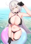  1girl ahoge bangs bikini black_bikini black_choker breasts choker commentary_request fate/grand_order fate_(series) gloves hair_between_eyes highres holding holding_innertube innertube jeanne_d&#039;arc_(alter)_(fate) jeanne_d&#039;arc_(fate)_(all) kitajima_yuuki large_breasts long_hair navel o-ring o-ring_bikini open_mouth silver_hair solo swimsuit thigh_strap very_long_hair water wet wet_hair yellow_eyes 