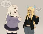 2026 aged_down anthro antlers bangs big_breasts blonde_hair blue_eyes blush blush_lines boss_monster_(undertale) bottomwear bovid bra breasts brown_body brown_eyes brown_fur caprine carol_holiday cervine claws clothing coffeiii crotch_lines deer deltarune dialogue duo ear_piercing ear_ring english_text fangs female freckled_face freckles fur hair hi_res horn jewelry legwear mammal midriff navel necklace open_mouth pants pawpads piercing ring_piercing simple_background skirt slightly_chubby slightly_chubby_anthro slightly_chubby_female small_breasts speech_bubble tail teeth text tongue toriel undertale_(series) underwear white_body white_fur white_hair