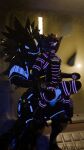 3d_(artwork) 9:16 absurd_res animal_genitalia animal_penis anthro bdsm bondage bound clothing collar digital_media_(artwork) dragon drone duo equine_genitalia equine_penis genitals harness hi_res iwuwux kobold latex machine male male/male mask mitten_hands mythological_creature mythological_scalie mythology null_bulge penis protogen scalie size_difference suit