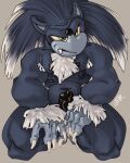 4:5 absurd_res anthro armpit_hair big_arms big_claws big_palms black_glans black_nipples black_nose black_penis blue_body blue_fur body_hair chest_tuft claws erection eulipotyphlan facial_markings fangs frowning_at_viewer fur genitals glans glistening glistening_genitalia glistening_penis green_eyes hairless_feet hairless_palms head_markings hi_res kneeling looking_at_viewer male mammal markings muscular muscular_male muzzle_(marking) nipples pecs penis pointy_ears pubes ravuer sega simple_background solo sonic_the_hedgehog_(series) sonic_the_werehog sonic_unleashed teeth tuft werecreature wereeulipotyphlan werehog white_claws