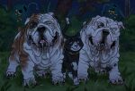 atlus barely_visible_genitalia barely_visible_penis black_body black_fur blue_eyes bodily_fluids brown_body brown_fur bulldog canid canine canis collar date dewlap_(anatomy) digital_drawing_(artwork) digital_media_(artwork) domestic_cat domestic_dog dripping drooling english_bulldog excited feet felid feline felis feral fernsigillum floppy_ears fur genital_fluids genitals grass group imminent_interspecies imminent_sex interspecies legs_up looking_at_another looking_at_partner looking_pleasured male mammal mastiff megami_tensei molosser morgana_(persona) multicolored_body multicolored_fur musical_note musical_symbol narrowed_eyes night pawpads penis persona_(series) persona_5 plant precum raised_tail saliva saliva_drip saliva_on_tongue saliva_string sega short_tail shrub signature size_difference smile symbol tail tongue tongue_out tree trio white_body white_fur wrinkled_feet wrinkles wrinkly_face yellow_collar