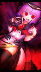  1girl :d absurdres alternate_costume black_legwear cape fangs fingerless_gloves fingernails gloves hands_up hat highres letterboxed looking_at_viewer low_wings medium_hair niwarhythm open_mouth purple_hair red_eyes remilia_scarlet single_glove smile solo thighhighs touhou wings 