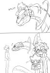 anthro asuka_tenma bandai_namco brother_(lore) brother_and_sister_(lore) brothers_(lore) comic crown digimon digimon_(species) digimon_beatbreak eyewear female feral gekkomon glasses group halo headgear heliosboamon hi_res human male mammal mmmwj222 monochrome scalie sibling_(lore) sister_(lore) size_difference sketch smile tomoro_tenma