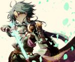  1boy absurdres ahoge armor bandaged_hands bandages bangs black_gloves closed_mouth cosplay drawing_sword facial_mark fingerless_gloves forehead_mark genshin_impact gloves glowing glowing_weapon green_hair highres holding holding_sword holding_weapon japanese_armor japanese_clothes kaedehara_kazuha kaedehara_kazuha_(cosplay) leaf leaf_print male_focus ryu_genshin77 simple_background solo sword tassel upper_body weapon xiao_(genshin_impact) yellow_background yellow_eyes 