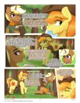 absurd_res apple balls blonde_hair braeburn_(mlp) brown_body clothed clothing comic cowboy_hat czu detailed_background dialogue duo english_text equid equine eyewear feral food forest friendship_is_magic fruit genitals glasses green_eyes hair hasbro hat headgear headwear hi_res hooves horn kick male mammal my_little_pony mythological_creature mythological_equine mythology orange_hair outside pince-nez plant pupils purple_eyes quadruped side_view sitting smile tail talking_to_another text topwear tree trenderhoof_(mlp) unicorn yellow_body