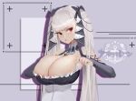  1girl absurdres azur_lane bare_shoulders black_dress breasts cleavage clothing_cutout dress formidable_(azur_lane) frilled_dress frills gothic_lolita hair_ribbon highres huge_breasts logo lolita_fashion long_hair midfinger22 neckwear_between_breasts platinum_blonde_hair red_eyes ribbon shoulder_cutout simple_background solo twintails two-tone_dress two-tone_ribbon upper_body very_long_hair 