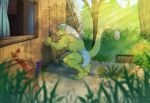 2026 5_fingers 5_toes absurd_res anthro blue_diaper building claws clean_diaper clothed clothing crouching detailed_background diaper diaper_only digital_drawing_(artwork) digital_media_(artwork) dragon feet fingers forest forest_background green_body green_skin hair hammer hi_res horn house long_hair male muscular muscular_anthro muscular_arms muscular_legs muscular_male mythological_creature mythological_scalie mythology outside plant plantigrade raised_tail scalie shirtless shirtless_anthro shirtless_male solo syeenyeen tail toes tools topless tree wearing_diaper white_hair