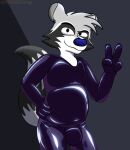 anthro bulge clothed clothing digital_media_(artwork) fingers fur gloves hair handwear hi_res latex latex_clothing latex_legwear latex_skinsuit legwear light lighting looking_at_viewer male mammal procyonid raccoon roquemapache roquemapache_(artist) shaded simple_background skinsuit smile solo tail tight_clothing white_body