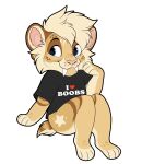 2026 ambiguous_gender anthro bent_legs black_clothing black_eyebrows black_shirt black_topwear blonde_hair blue_eyes bottomless brown_markings cheek_tuft chibi clothed clothing english_text eyebrows facial_tuft fangs felid felixcartoons flat_colors fur hair hi_res jae_(felixcartoons) mammal markings multicolored_body multicolored_fur paws pink_nose prehistoric_species saber-toothed_tiger sabertooth_(anatomy) shirt shirt_only short_hair short_tail snout solo tail tan_body tan_fur teeth text topwear topwear_only tuft yellow_body yellow_fur