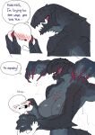 anthro big_breasts black_body black_scales blind blush breasts capcom cheek_pinch claws demi_elder dialogue disability dragon duo elder_dragon english_text eyeless face_squish featureless_breasts female gore_magala hi_res human human_on_anthro interspecies larger_anthro larger_female male male/female mammal monster_hunter multi_arm multi_limb mythological_creature mythological_scalie mythology scales scalie sharp_teeth size_difference speech_bubble squish teeth text yolabayola1