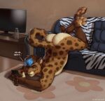 2026 anthro ass_up big_butt biped blue_hair bottle brown_body brown_fur brown_hair butt casual_nudity claws container digital_media_(artwork) electronics famir_(thebestvore) feet felid feline finger_claws fluffy_paws fur furniture hair half-closed_eyes hi_res holding_object holding_phone inside looking_at_object looking_at_phone male male_anthro mammal markings multicolored_body multicolored_fur multicolored_hair narrowed_eyes nude_anthro nude_male pawpads paws phone slightly_chubby slightly_chubby_anthro slightly_chubby_male smile sofa solo spots spotted_body spotted_fur tan_body tan_fur totesfleisch8 two_tone_hair upside_down