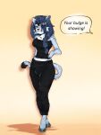 3:4 anthro aze_(shadowaze) black_clothing black_footwear bottomwear bra_strap_showing_(meme) braided_hair braided_ponytail bulge clothing crown felid feline flats_(shoes) footwear fur genosphere0 grey_hair gynomorph hair headgear heterochromia hi_res intersex looking_at_viewer mammal markings meme pantherine pants ponytail royalty shoes smile snow_leopard solo speech_bubble spots spotted_body spotted_fur spotted_markings spotted_tail sweatpants tail tail_markings tiara topwear tube_top