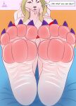 4_toes absurd_res anthro bed big_breasts breasts canid canid_demon canine colored_nails demon feet female foot_focus furniture hellhound hi_res idel mammal mythological_canine mythological_creature mythology nails pawpads solo speech_bubble text toes wrinkled_feet wrinkles