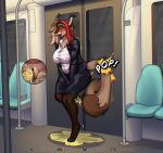 angry_platypus anthro bodily_fluids bottomwear brown_body brown_fur business_attire clothing felid feline female footwear fur genital_fluids hair hi_res high_heels horn legwear long_hair lynx mammal omorashi pantyhose peeing public_transportation red_hair shoes skirt solo standing suggestive tail train urine vehicle watersports wet wet_clothing wetting wetting_clothing