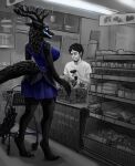 american_mythology anthro antlers ashcroft_"ash"_julian_clifford big_breasts bioluminescence black_body black_fur blue_clothing blue_dress breasts cash_register claws clothed clothing cryptid detailed_background digital_media_(artwork) dress duo fangs female female_anthro fur glowing glowing_eyes glowing_teeth greyscale groceries grocery_store hi_res horn human indigenous_north_american_mythology inside larger_anthro larger_female male male/female mammal monochrome mythology north_american_mythology omnid paws pointy_ears sharp_teeth shirt shopping shopping_cart size_difference smaller_human smaller_male smile smiling_at_another snout spot_color starshade store stupid_sexy_cryptids tail teeth topwear vitaly_s_alexius wendigo