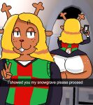 antlers bedroom_eyes big_butt blonde_hair bottomwear butt clothed clothed_female clothing deer deltarune electronics english_text female freckles gesture hair hand_gesture hi_res holding_object holding_phone horn huge_butt huge_hips jerma985 mammal meme mirror mirror_selfie multicolored_body narrowed_eyes new_world_deer noelle_holiday one_tooth pantsless phone red_nose reflection reindeer scut_tail seductive selfie shaded short_tail simple_shading skirt solo tail text thick_thighs threemoons undertale_(series) v_sign wide_hips